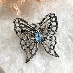 Butterfly Figural Silver Toned & Blue Rhinestone Textuerd Vintage Jewelry Brooch